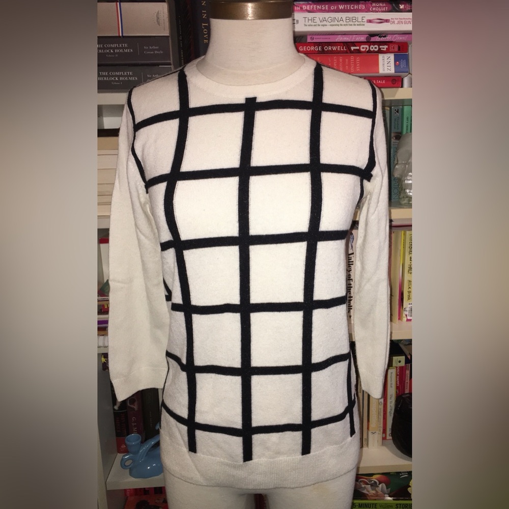 J Crew Cream White and Black Metallic Grid Sweater